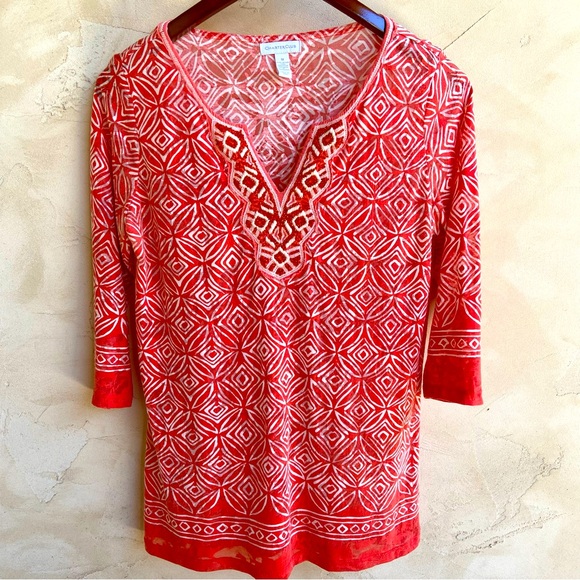 CHARTER CLUB Semi-Sheer Orange and White Beaded Tunic Top Women’s Size Medium - Picture 1 of 11